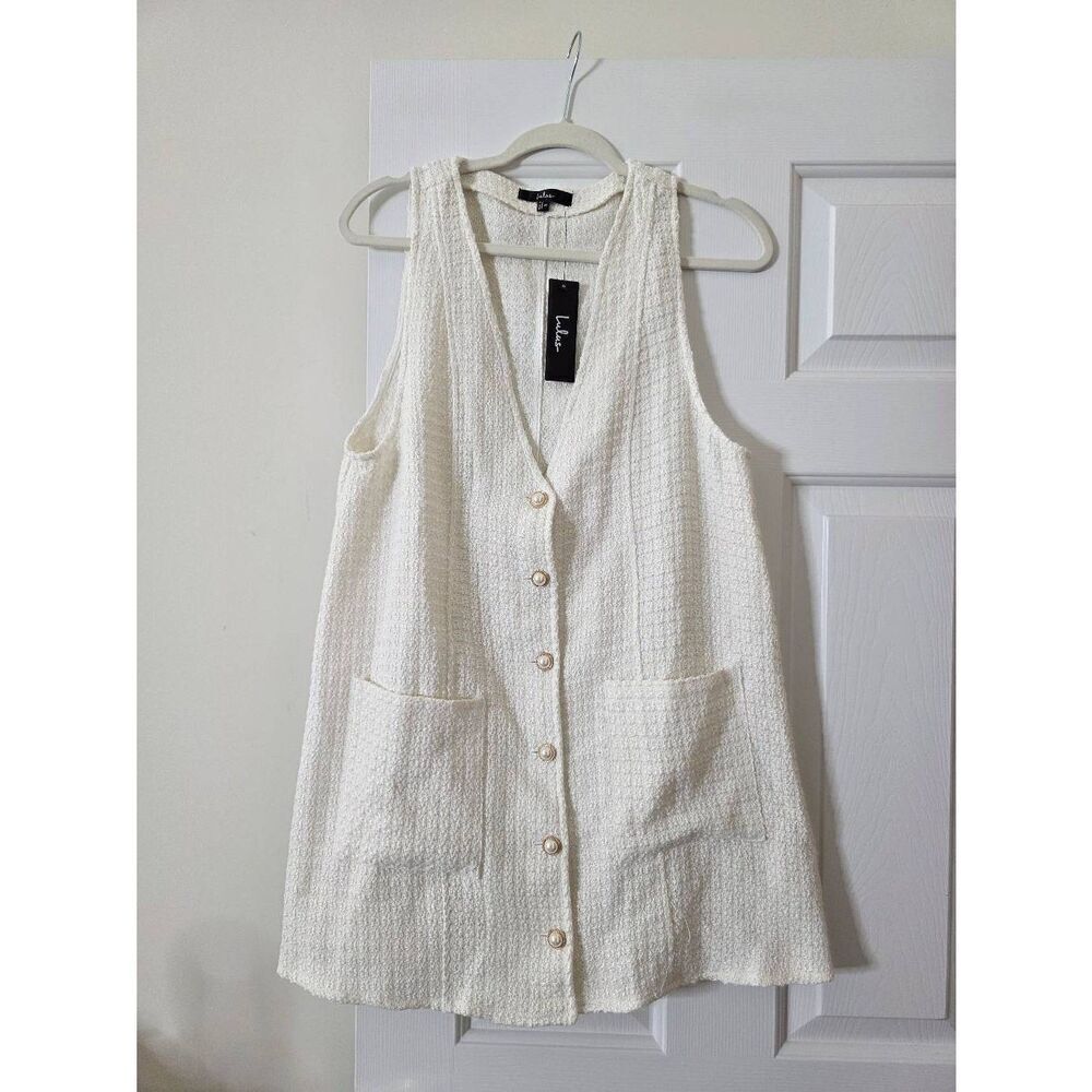 Lulus Elevated Concept White Tweed Lurex Button-Front Shift Mini Dress M NWT - Picture 3 of 9
